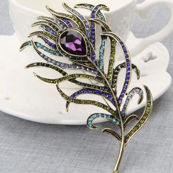 Heidi Daus Art Nouveau feather shaped brooch size 4.25”x2 3/8” antique brass - Picture 3 of 9